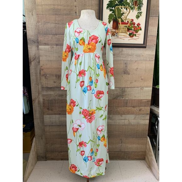 Vintage 1970’s Bright Floral Print Knit Empire Waist Maxi Dress - Picture 7 of 8